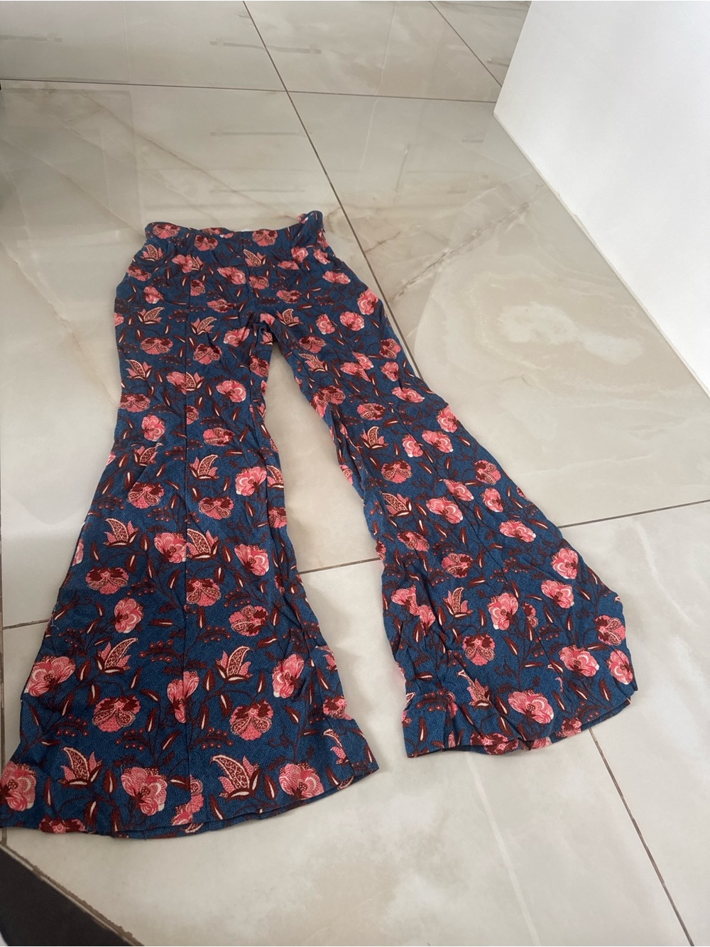 Anthropologie Blue and Pink Patterned Wide-Leg Pants